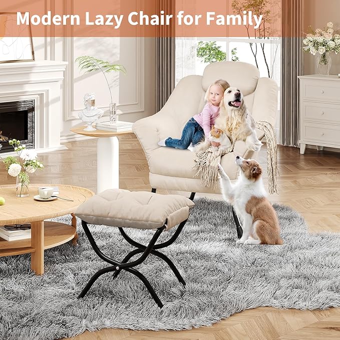 IDEALHOUSE Lazy Chair with Ottoman - Modern Living Room Chairs for Small Spaces, Ergonomic Reading Chair with Armrests, Comfy Chair with Ottoman for Bedroom & Living Room, Beige