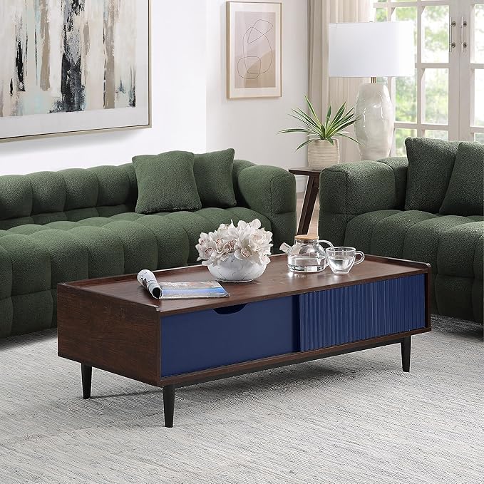 Manhattan Comfort Duane Mid Century Modern Coffee Table with Drawer & Cubby Shelf, Living Room Furniture with Ribbed Flat Design, Wood Grain Laminate Finish & Durable Iron Metal Feet, Navy Blue