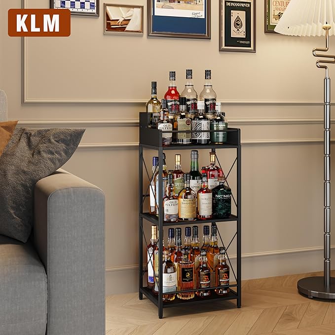 KLM Liquor Bottle Display Shelf, Liquor Cabinet bar for Home, 4 Step Liquor cabinetck, Mini bar,Liquor Cabinet, Home Retro Bar Shelf Stand for Liquor Whiskey, Spirits（Black）