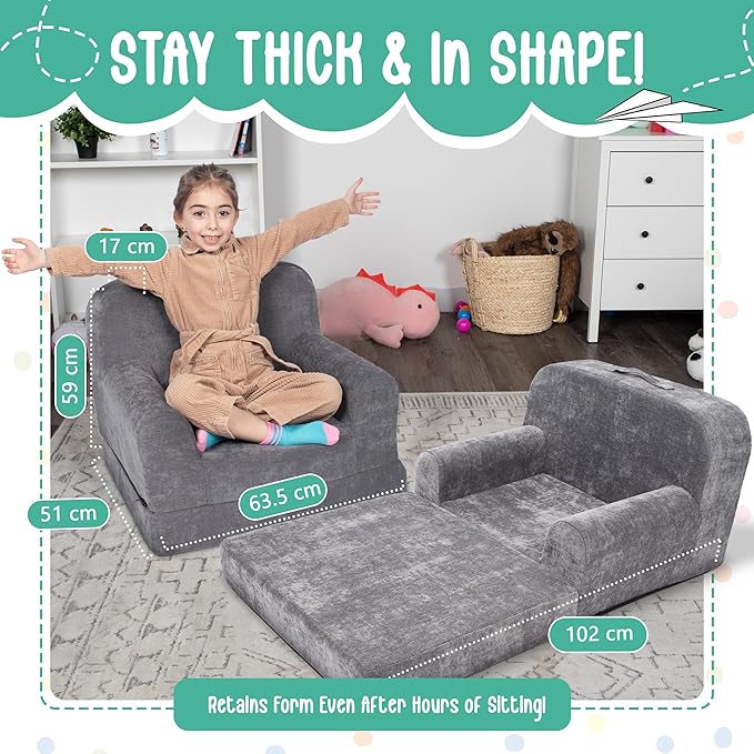 ParkaLounger Children's Sofa 2-in-1 Convertible Chair & Sleeper - Durable Foam Keeps Its Shape - Lightweight, Portable with Handle - Soft, Sturdy & Cozy Seat for Lounging & Play, Gray, Medium