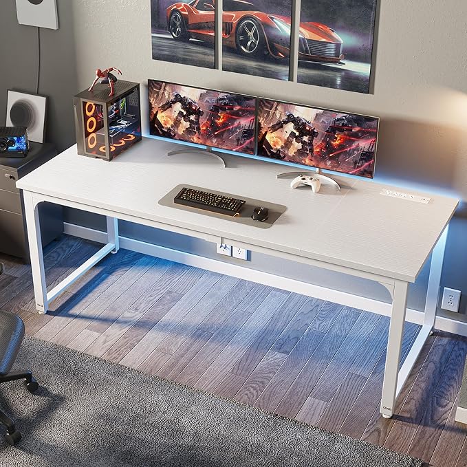 Huuger 63 x 24 inch Desk with Power Outlets & USB-C, Deeper & Thicker Desktop, Robust Metal Tubes, Computer Desk, Heavy Duty Office Desk, Work Gaming Desk, for Home Office, White
