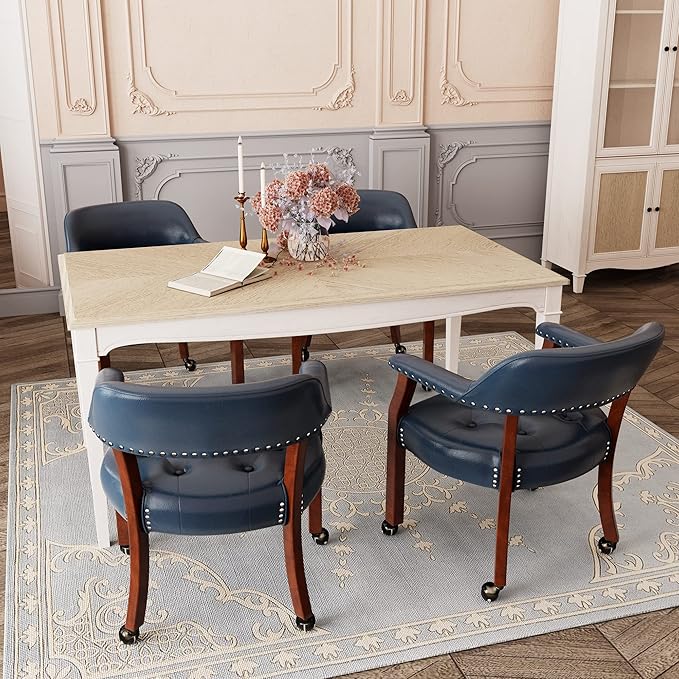 LEEMTORIG Large Dining Chairs with Casters and Arms, Rolling Dining Chairs with Wheels, Solid Wood Boss Caption's Chairs Office Desk Chairs, 26"D x 25.2"W x 31.5"H, Cherry Legs & Blue PU SY-1533-LB