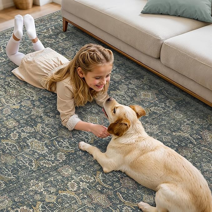 10X12 Area Rugs Machine Washable Rugs for Living Room, Vintage Boho Large Rugs for Bedroom Dining Room, Non Slip Indoor Soft Distressed Lightweight Thin Low Pile Carpet, Deep
