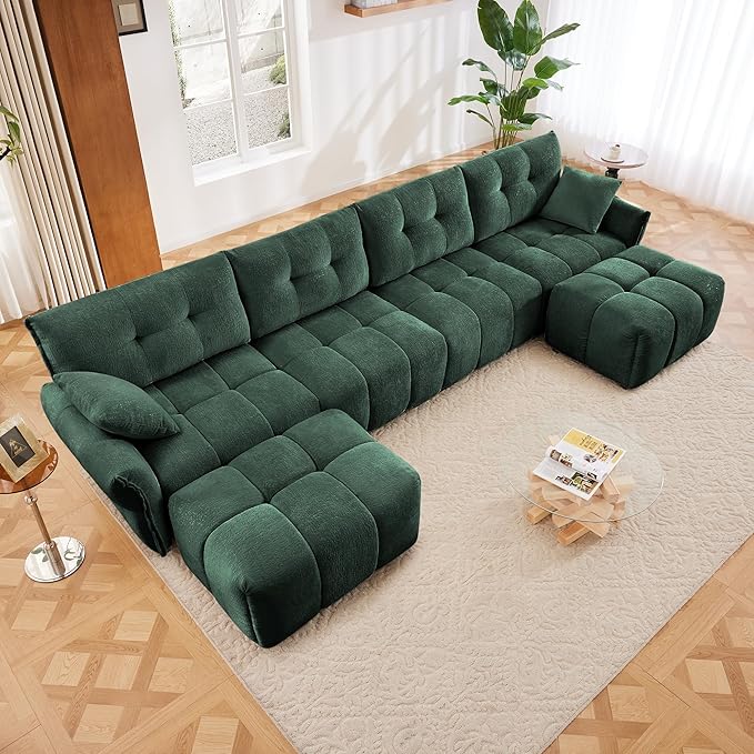 Modern Chenille Fabric 4-Seat Sofa w/Two Ottoman+2 Pillows, Premium Upholstery Living Room Couch with Tufted Backrest & Comfortable Armrests and High-Resilience Memory Foam Cushions,Green