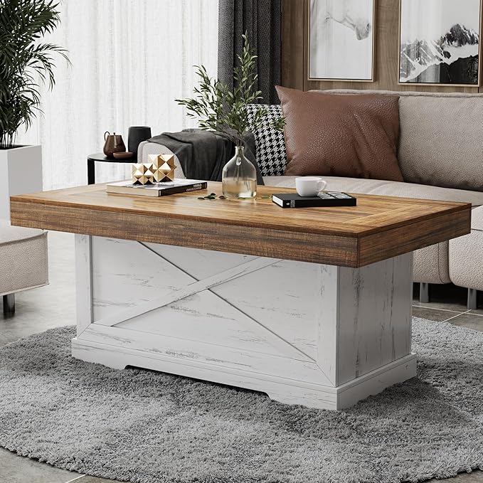 Coffee Table 39 in Farmhouse Center Table with X-Design Wooden Pedestal for Living Room, Space Saving, Easy Assembly Rectangle Home Office Tea Accent Table for Apartment, Antique White Walnut