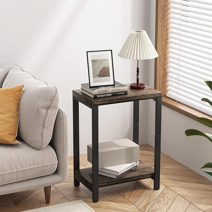 Real Solid Wood End Tables, Side Tables, Small Table with 2-Tier Storage Shelf, Nightstand for Living Room, Bedroom, Office, Bathroom