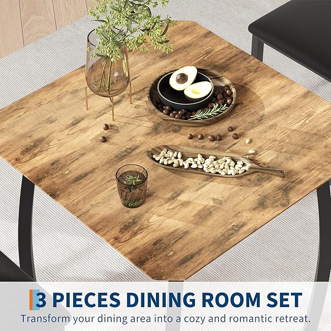 GAOMON Dining Table Set for 2, 3 Piece Small Kitchen Table and 2 Upholstered Chairs with Metal Frame & Wood Grain Tabletop for Small Space, Apartment, Kitchen, Dining Room, Black/Rustic