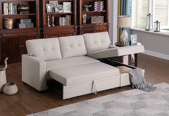 Devion Furniture Maison 4-in-1 Convertible L Shaped Couch with Pull Out Bed and Storage, Sectional Sleeper Sofa with Reversible Chaise for Living Room, Apartment, Bedroom, Office