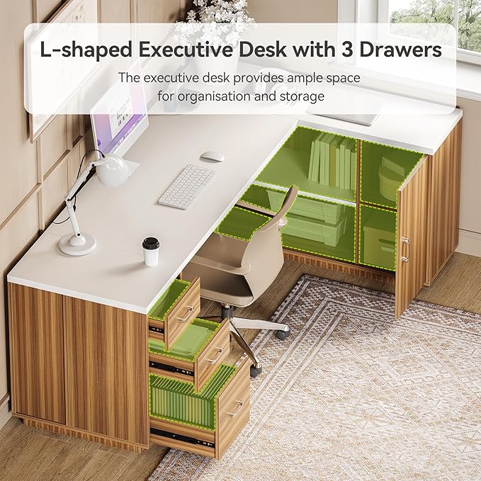 LITTLE TREE 87-Inch Modern Executive Desk with File Cabinet, Large Home Office Desk with Drawers, 3-Drawer Wooden File Cabinet, Spacious Workstation for Home Office (White & Brown)