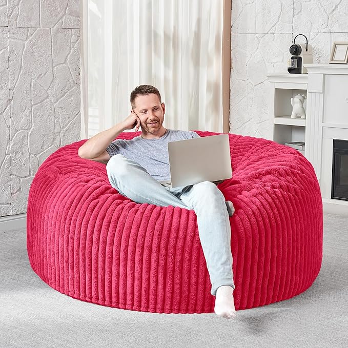 HABUTWAY 4FT Bean Bag Chair, 4' Large Bean Bag Chairs for Adults with Removable Stripe Plush Cover, Memory Foam Beanbag Chair for Living Room Bedroom Dorm (Pink)