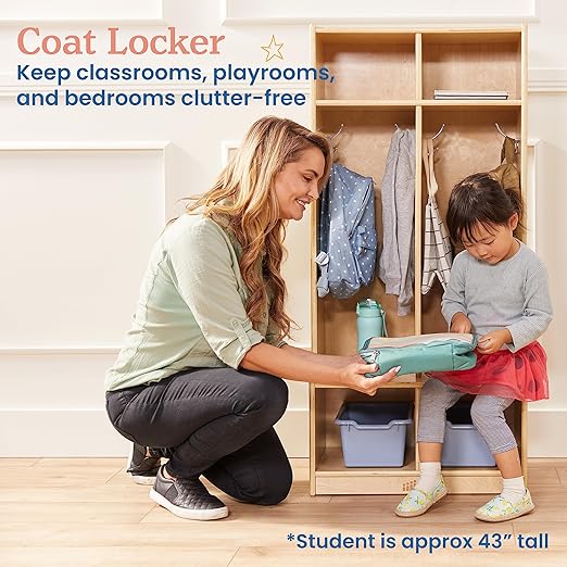 ECR4Kids 2-Section Coat Locker with Bench, Classroom Furniture, Natural