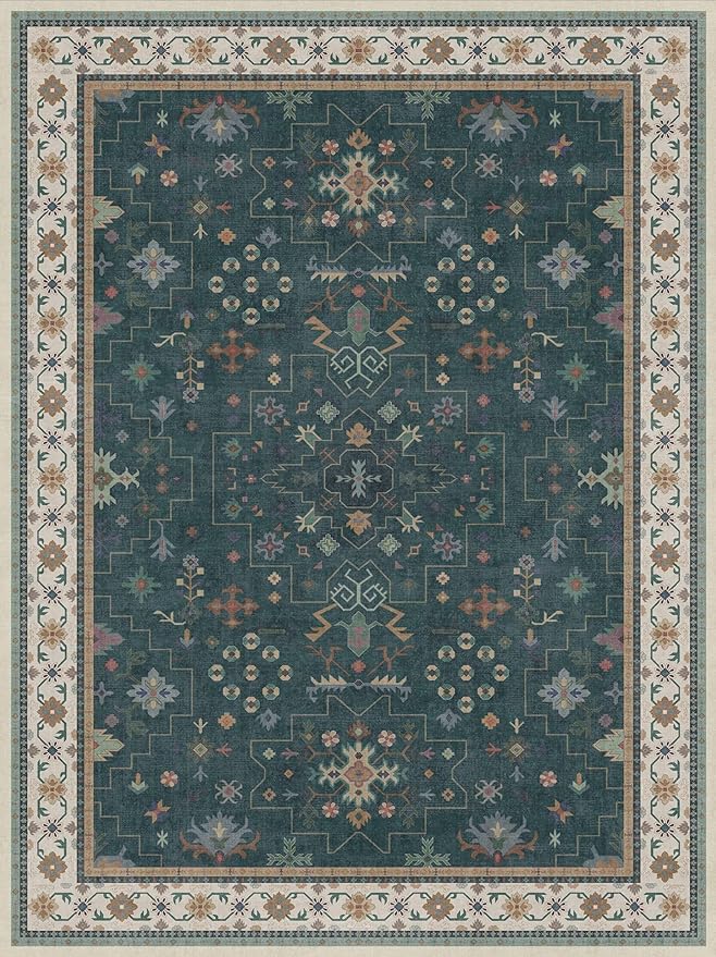 Dark Green Vintage Living Room Rug 9x12 - Boho Unique Floral Victorian Decor, Washable Low Pile Non-Slip Extra Large Area Rugs for Dining Under Table Bedroom