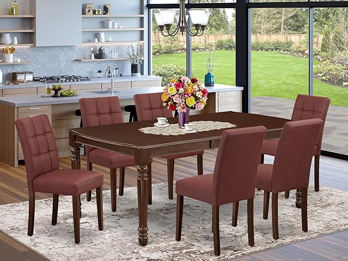 East West Furniture DOAS7-MAH-26 7 Piece Dining Table Set Contain A Dining Room Table and 6 Burgundy Polyester Fabric Upholstered Chairs, Mahogany