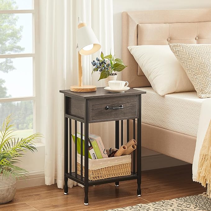 VECELO Nightstands Set of 2, Industrial Side Table/End Tables with Drawer and Storage Shelf, Night Stands for Bedroom, Living Room, Wood Metal Furniture, Easy Assembly