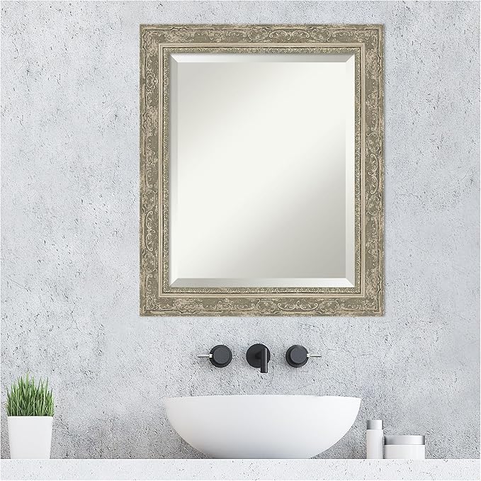 Amanti Art Bathroom Mirror for Over Sink, 25x21 Filigree Silver Rectangle Vanity Mirror, Small Traditional Frame, Hangs Horizonally and Vertically, Bathroom Wall Decor, Beveled Edge