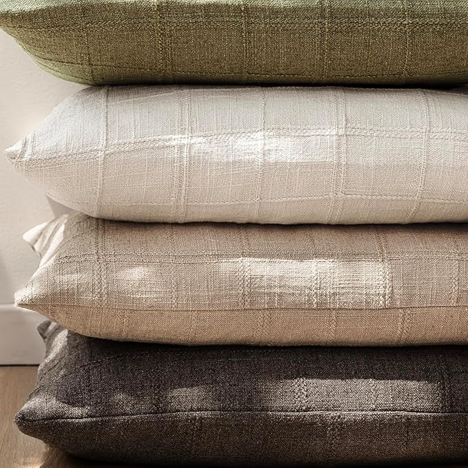 Foindtower Set of 2 Decorative Linen Check Throw Pillow Covers Neutral Farmhouse Vintage Cushion Covers Modern Coastal Boho Home Decor For Sofa Chair Couch Bedroom Living Room Outdoor,22×22 Inch,Camel