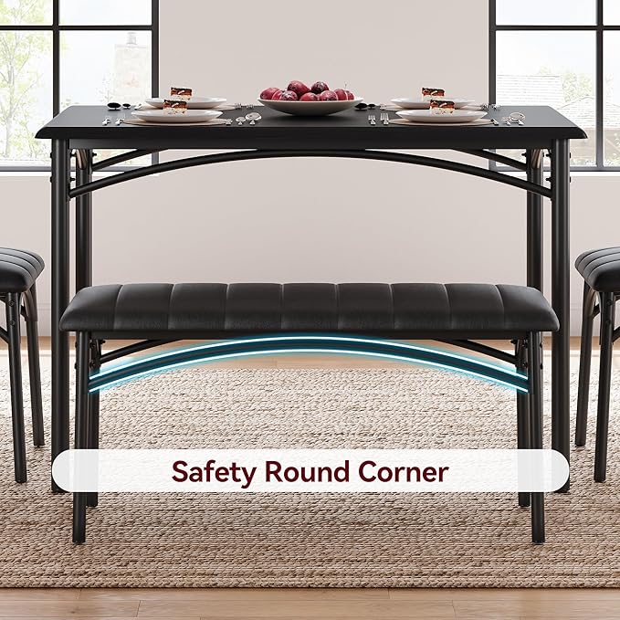 Garvee Dining Table Set for 4, Kitchen Table with Upholstered Bench and 2 Chairs, 4-Piece Wooden Dining Table Set for Apartment, Dining Room, Small Space, Black