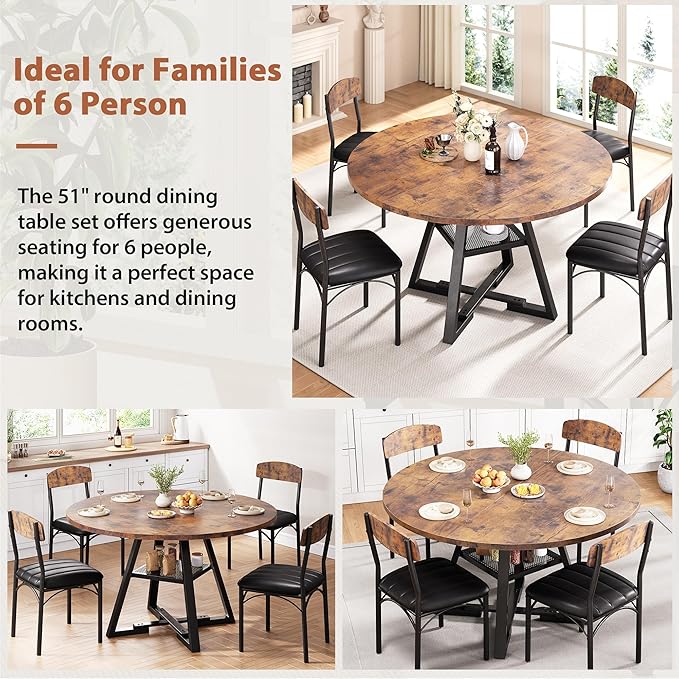Round Dining Table Set for 6, Kitchen Table and Chairs for 4, Circle Table Round Pedestal Dining Room Dinner Dinette Table Set,5 Piece Space Saving Wood Kitchen & Dining Room Tables (Vintage, 51In)