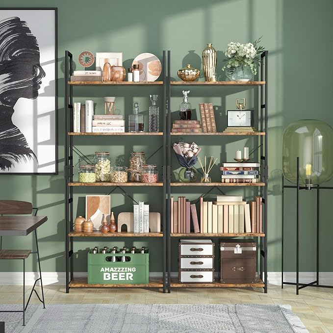 NUMENN 5 Tier Bookshelf, Set of 2 Tall Bookcase Shelf Storage Organizer, Modern Book Shelf for Bedroom, Living Room and Home Office, Vintage
