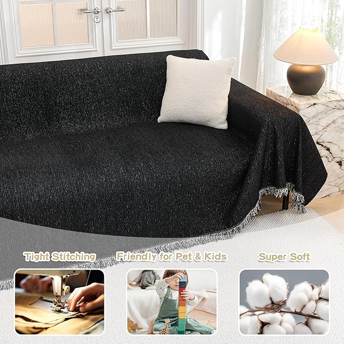 MYSKY HOME Black Couch Cover for 2 Cushion Sofa, Sectional L Shape Throw, Super Soft Washable Pet Cover, 71"x118"