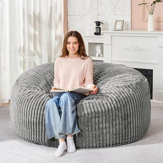 HABUTWAY 5FT Bean Bag Chair, 5' Large Bean Bag Chairs for Adults with Removable Stripe Plush Cover, Memory Foam Beanbag Chair for Living Room Bedroom Dorm (Grey)