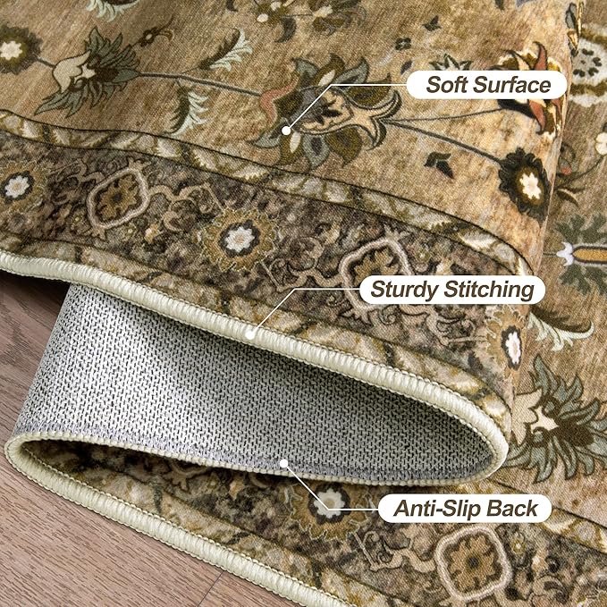 Tangsoo Floral Runner Rug 2x6 Washable Rug for Hallway, Non-Slip Vintage Boho for Entryway Indoor, Brown Print Carpet Runner Rugs, Soft Low Pile Long Runner for Kitchen Bedroom