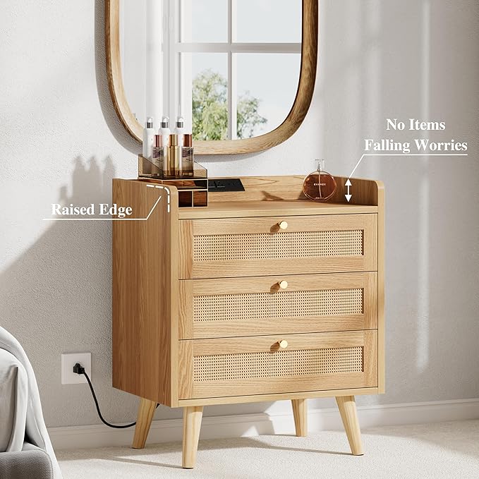 Rattan Nightstand with Charging Station, Night Stand with 3 Large Drawers, Side Table with USB Ports and Outlets, Bedside End Table for Bedroom