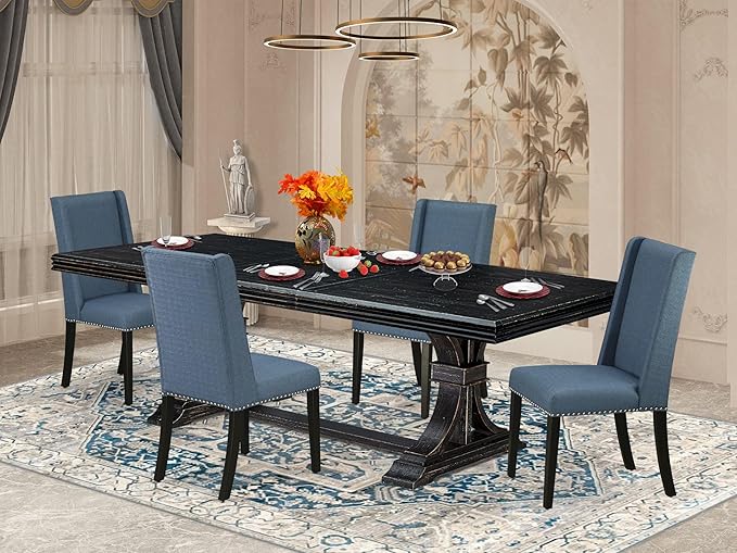 NEFL5-SBB-21-5-Piece Kitchen Dining Set Consists of a Dining Table and 4 Mineral Blue Linen Fabric Dining Chairs with Padded Chair Back - Sand Blasting Black Finish.