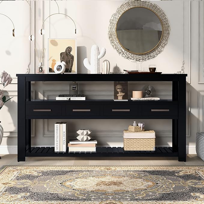 Ball & Cast 62.2“ Contemporary 4 Drawers Console Table, Long Entryway Table with Drawer & 3 Tier Shelves, Modern Storage Sofa Table, Farmhouse Wood Couch Table for Entrance Hallway Living,Black