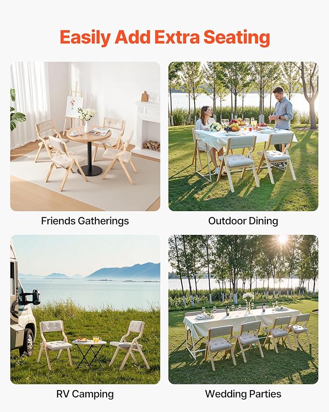 VEVOR Wooden Folding Chairs with Cushion, Set of 4, Portable Foldable Cushion Chair with Wooden Frame, Modern Padded Dining Chair for Kitchen, Office, Wedding, Party, Dining Room, Easy Assembly, Beige