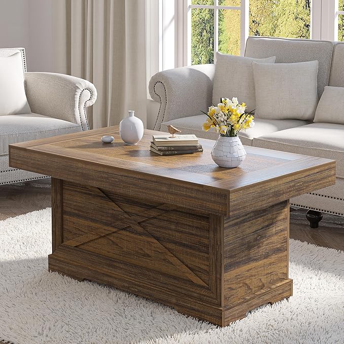 Coffee Table 39 in Rustic Center Table with X-Design Wooden Pedestal for Living Room, Space Saving, Easy Assembly Rectangle Home Office Tea Accent Table for Dining Room Apartment, Walnut