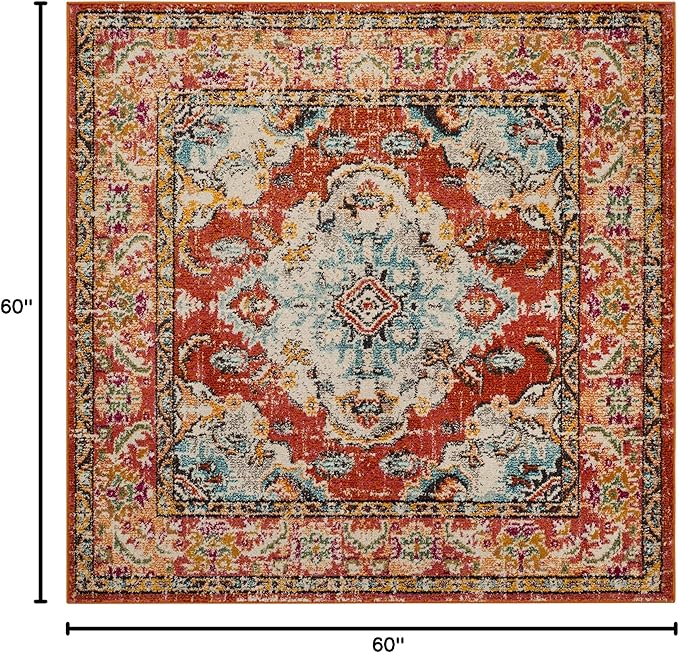 SAFAVIEH Monaco Collection Area Rug - 5' Square, Orange & Light Blue, Boho Chic Medallion Distressed Design, Non-Shedding & Easy Care, Ideal for High Traffic Areas in Living Room, Bedroom (MNC243H)