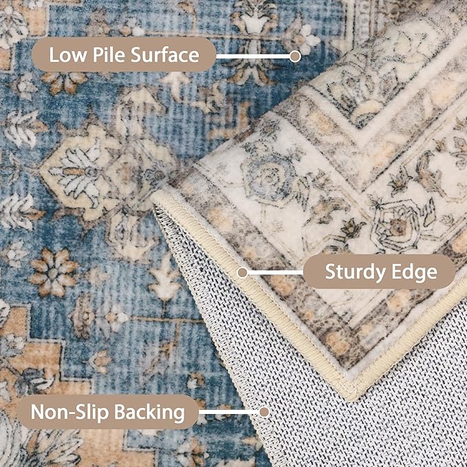 GENIMO 5x8 Area Rugs for Living Room, Machine Washable Low Pile Rugs, Chenille Non Alip Vintage Rug for Bedroom, Dining Room, Home Office, Blue Brown
