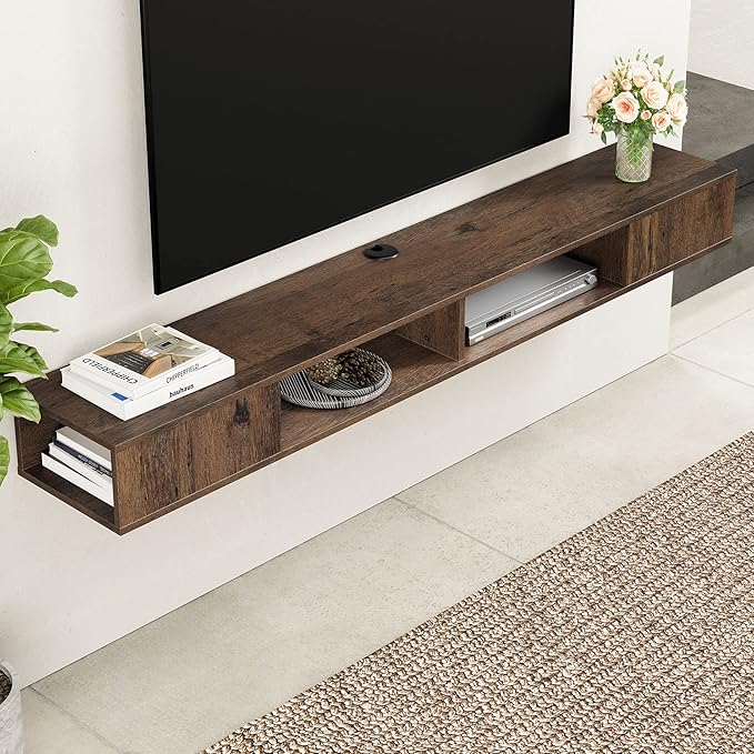 WAMPAT TV Stand with LED Lights for 65/70/75 inch TVs, Wall Mounted Shelf Under TV Cabinet, Entertainment Center Media Console with Storage for Living Room and Bedroom, Brown
