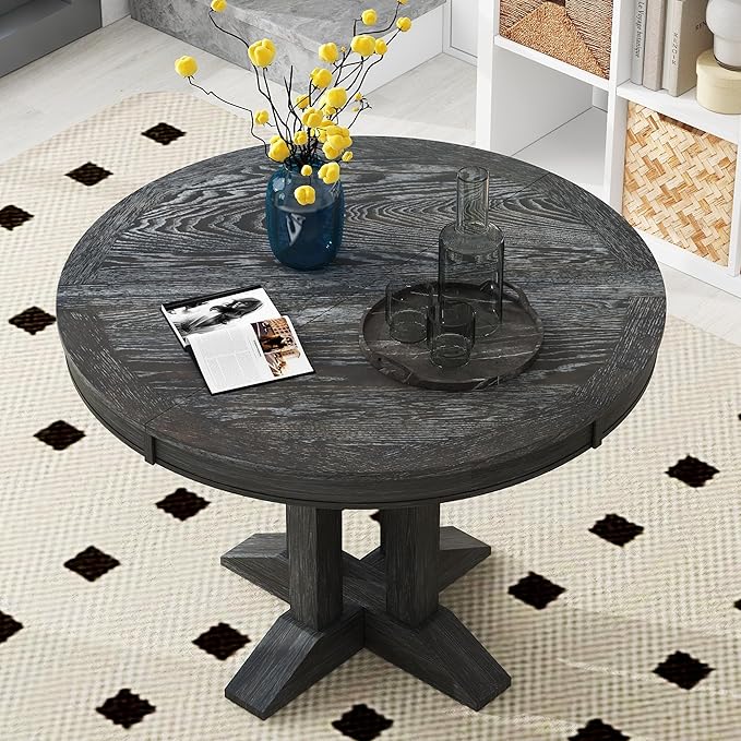 Need Extendable Farmhouse Round Dining Table, 48-60 Inch Pedestal Base Kitchen Table for Small Spaces & Dining Rooms (Black Finish)