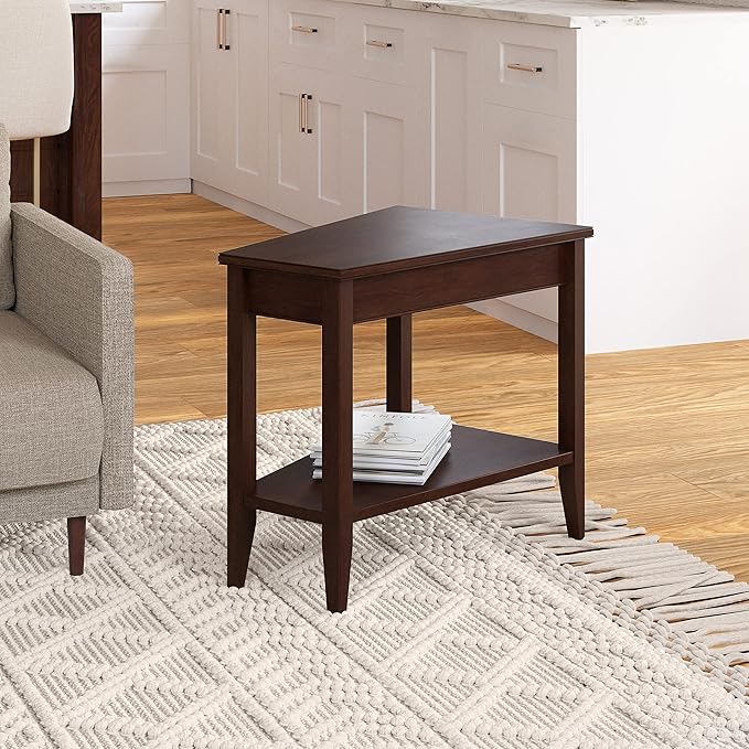 Laurent Solid Wood Recliner Wedge End Side Table with Shelf, Chocolate Cherry Brown, Perfect for Living Rooms, Bedrooms, and Small Spaces – Leick Home, 10502