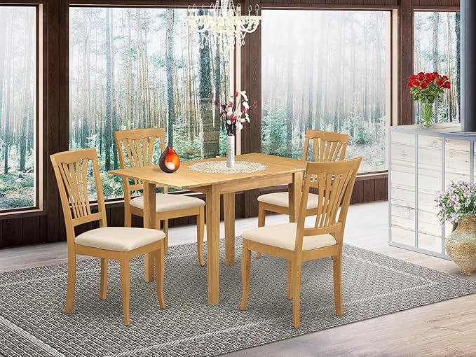East West Furniture NDAV5-OAK-C 5 Piece Modern Dining Table Set Includes a Rectangle Wooden Table with Dropleaf and 4 Linen Fabric Dining Room Chairs, 30x48 Inch, Oak