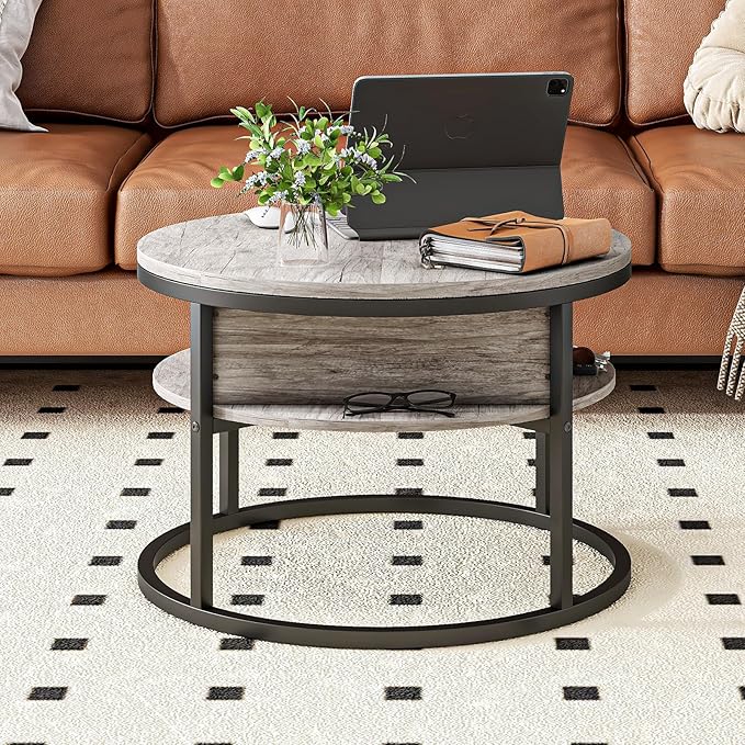 Round Coffee Table with Storage,Lift Top Coffee Table for Living Room Reception Room,2 Tier Small Round Table Dining Center,Grey