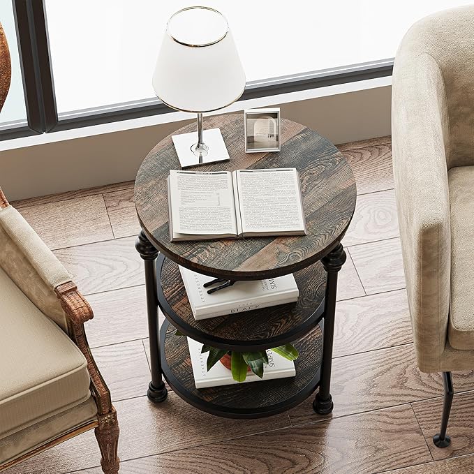 GarveeHome Round End Table with Storage Shelves, 3-Tier Round Farmhouse Side Table w/Mental Support Legs, Rustic End Table Accent Nighstands for Living Room Bedroom (A, Dark Oak)