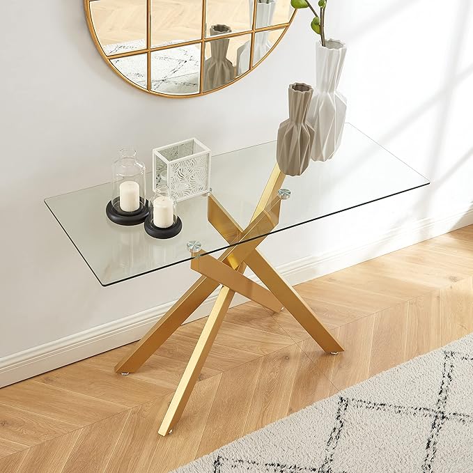 Modern Cross-Leg Console Table with 8mm Tempered Glass - Gold Geometric Entryway Table for Living Room & Bedroom, 45”Lx18”Wx30”H (Luxury Gold Finish)
