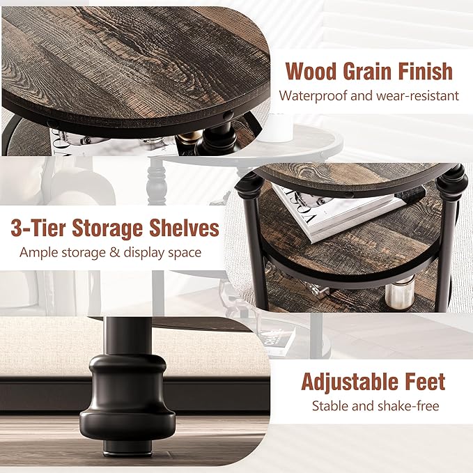 GarveeHome Round End Table with Storage Shelves, 3-Tier Round Farmhouse Side Table w/Mental Support Legs, Rustic End Table Accent Nighstands for Living Room Bedroom (A, Dark Oak)