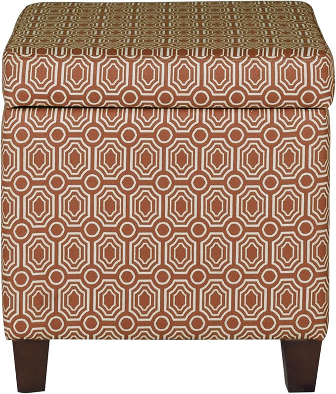 HomePop Upholstered Storage Cube Ottoman with Hinged Lid, Orange Geometric 17" x 17" x 18"