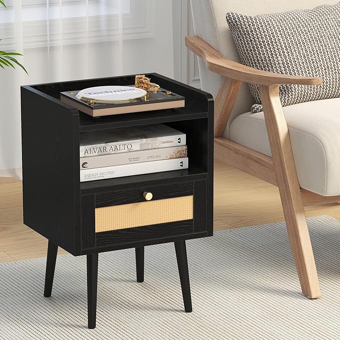 Nightstand Rattan with Charging Station, Mid Century Modern Bed Side Table, Boho End Table with Wood Legs, Bedside Tables for Bedroom Living Room (2, Black, 11.8" D x 15.9" W x 23.4" H (1 Drawers))