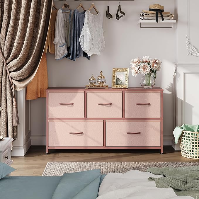 WLIVE Dresser for Bedroom with 5 Drawers, Wide Chest of Drawers, Fabric Dresser, Storage Organization Unit with Fabric Bins for Closet, Living Room, Hallway, Pink and Rose Gold