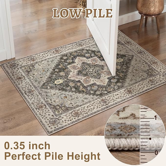 Tangsoo 2x3 Washable Rugs for Entryway, Vintage Non Slip Small Area Rug, Indoor Front Door Rug, Door Mat Small Carpet, Soft Low Pile Entry Rug for Entrance Kitchen Bedroom Print Distressed Grey/Brown