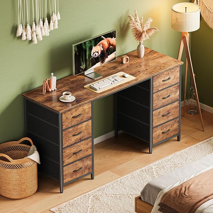 Huuger 55 Inch Computer Desk with 8 Fabric Drawers, Office Desk Work Desk for Home Office, Study, Gaming Desk with Drawers, Large Storage, Rustic Brown