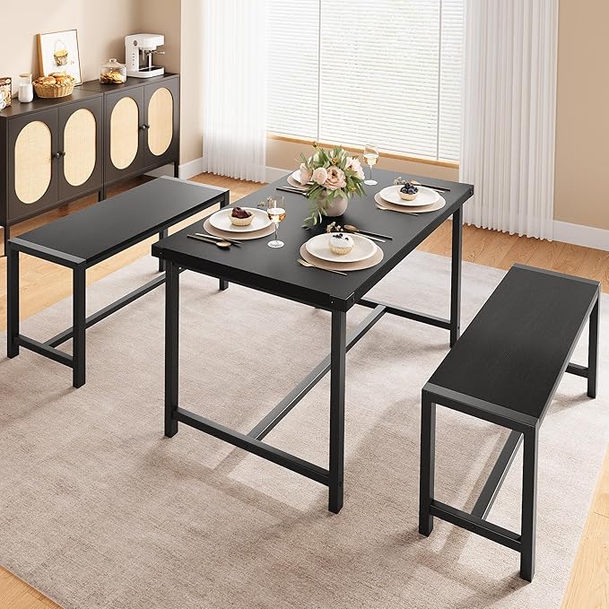 Dining Table Set for 4 with 2 Benches, 3-Piece Kitchen Table Set, Space-Saving Dining Set for Kitchen, Dining Room, Black