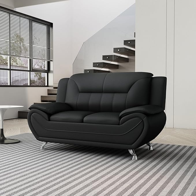 Container Furniture Direct Michael Modern Faux Leather Upholstered Stainless Steel Legs Living Room Loveseat, Midnight Black