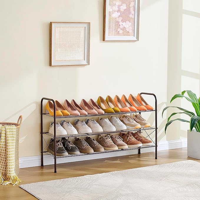 Hoctieon 3 Tier Mesh Style Shoe Rack, Entryway Shoe Shelf, Shoe Storage Organizer, Shoe Rack for Closet, Space Save for Bathroom, Garage, Hallway, Bedroom, Living Room, Brown