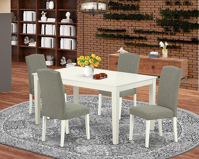 East West Furniture CAEN5-LWH-06 5 Piece Dining Room Furniture Set Includes a Rectangle Dining Table and 4 Dark Shitake Linen Fabric Upholstered Parson Chairs, 36x60 Inch, Linen White
